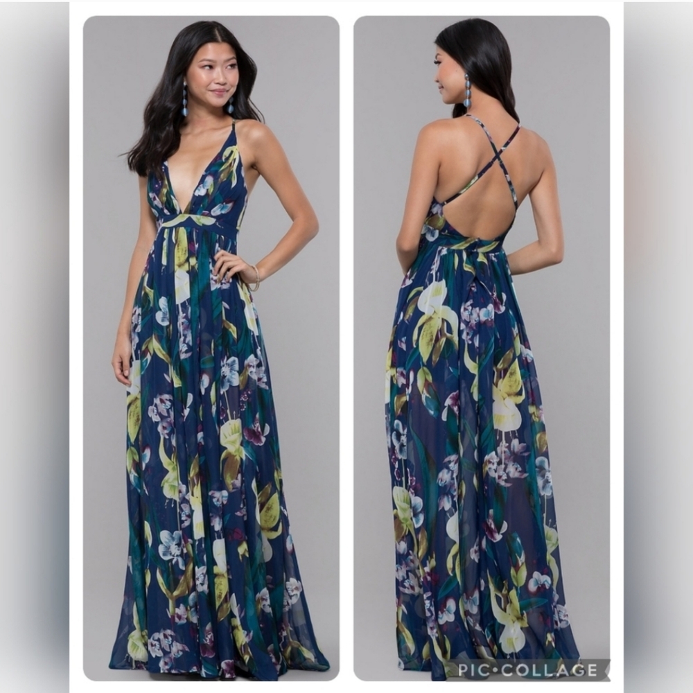 Floral Multicolor V-Neck Criss Cross Back Adjustable Cami Strap Maxi Gown Small